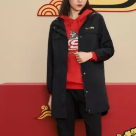 CNY-Serie Lässige lange Jacke „Schwarz-Rot“