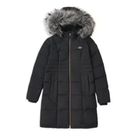 Lange Daunenjacke mit Kapuze, Kordelzug und Fellbesatz „Schwarz-Weiß“