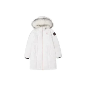 Lange Daunenjacke mit Kapuze, Kordelzug und Fellbesatz „Schwarz-Weiß“