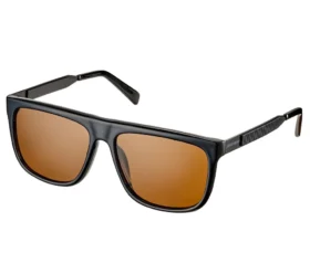 Sonnenbrille mit quadratischen Metallbeschlägen und glänzenden Gläsern